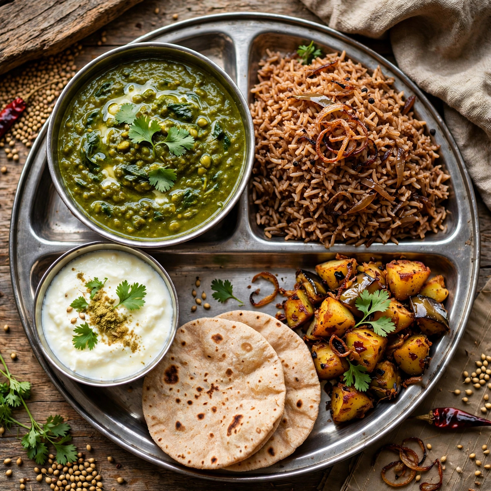 Sai Bhaji, Bhuga Chawal & Fried Aloo Baingan